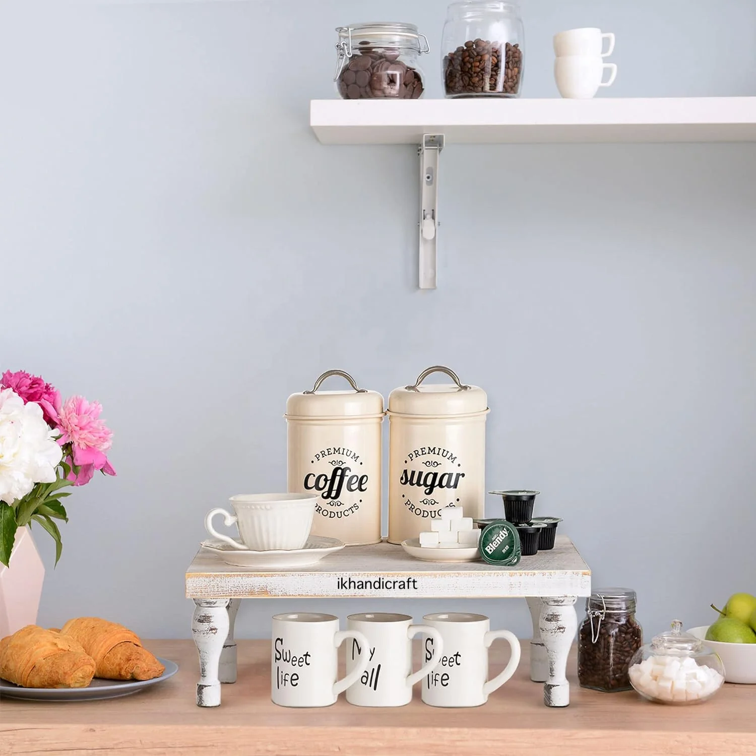 Christmas Wooden Riser Decorative Tray with Short & Tall Footed Farmhouse Pedestal Display Stand Rustic Whitewashed for table