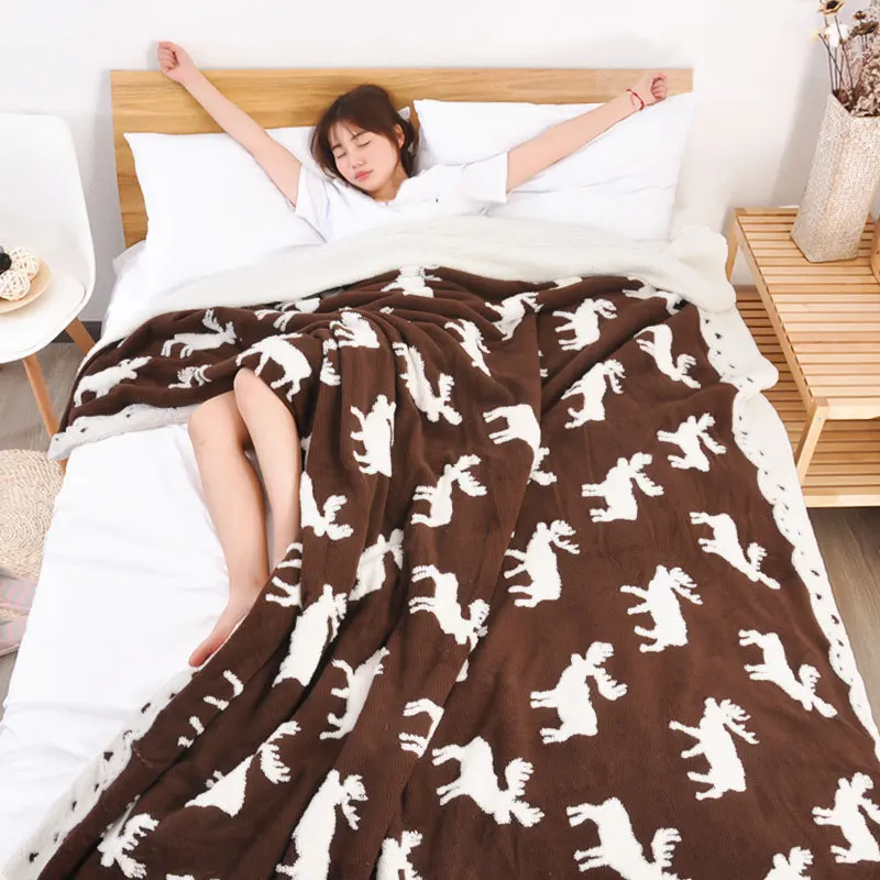 Widely Used Soft Dual Sided nordic minimalist double cute animal pattern knitted jacquard sherpa baby blanket