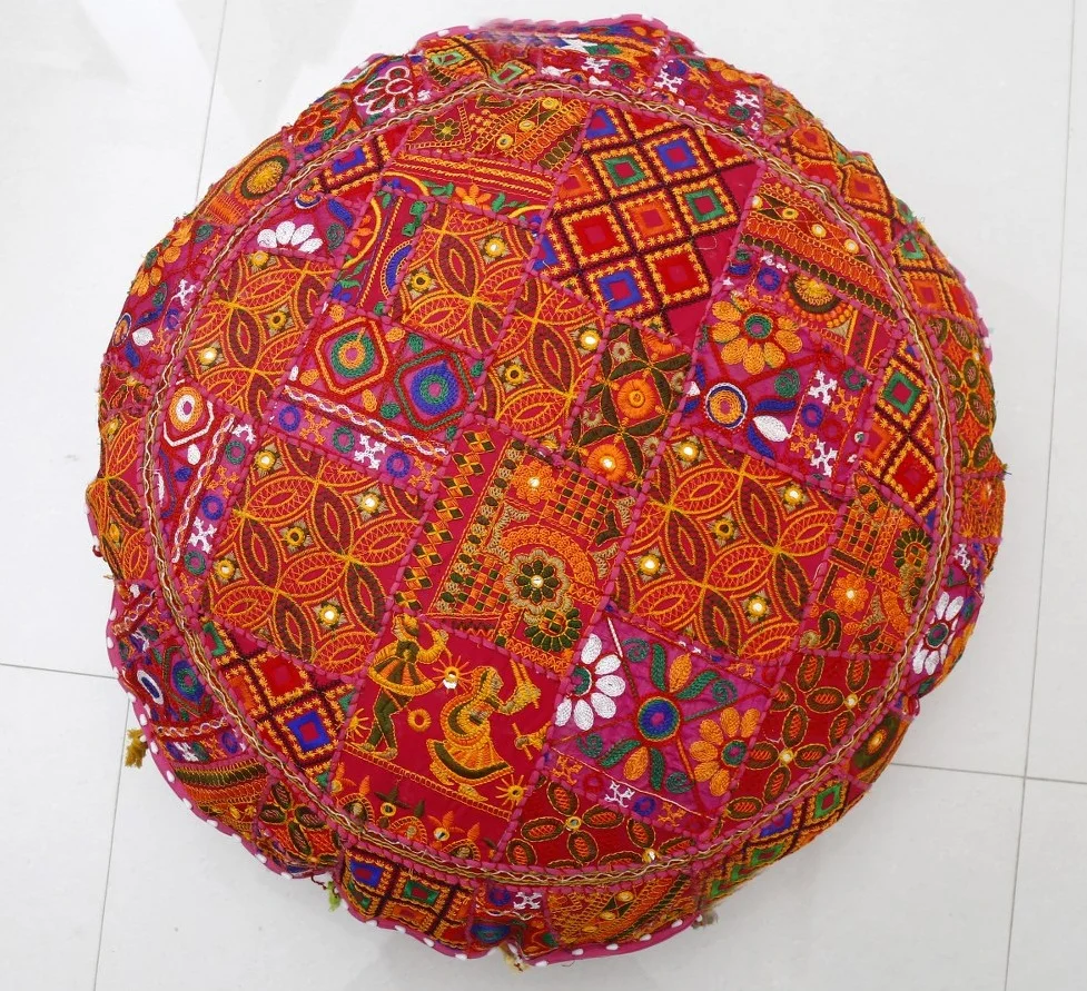 Handmade Decorative Floor Cushion Cover Patchwork Gujarati Round Cushion Party Decor Floor pillow Home Decor Khambadiya Cushion