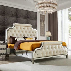 American Custom Solid Wood Dark Silver And Grey Ostrich Embossed Leather Upholstered Hotel Room Bedroom Furniture Set