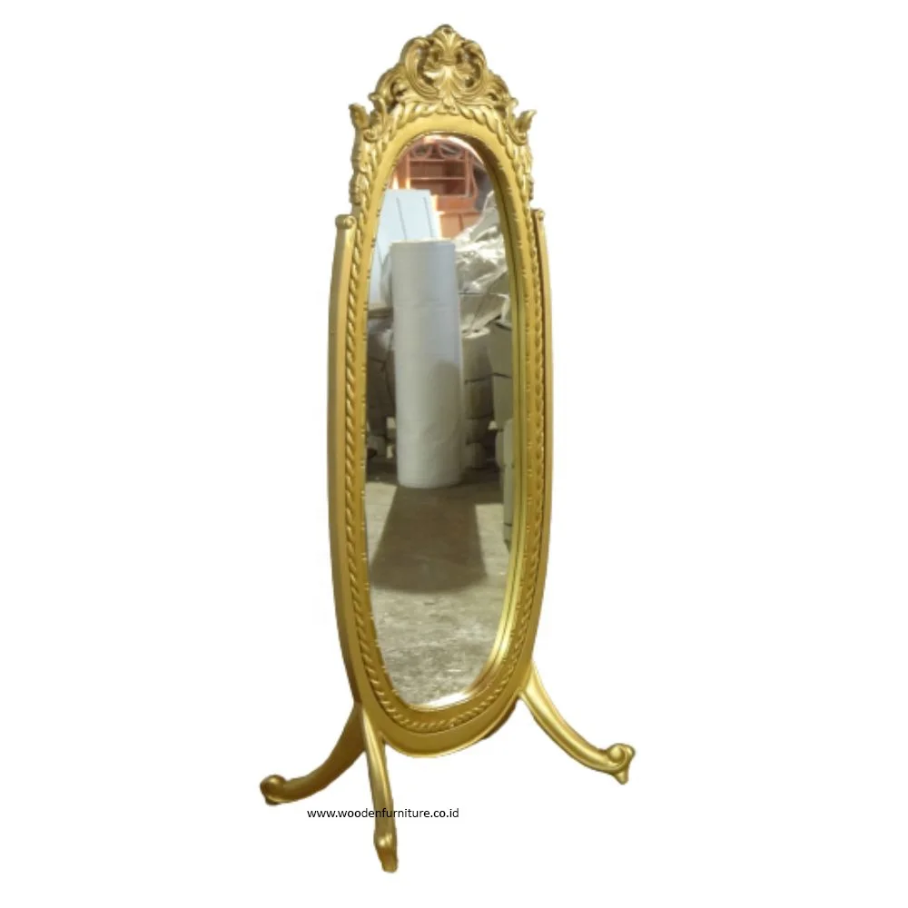 Gold Painted Standing Mirror Wooden Oval Floor Mirror Long Large Frame With Hand Carving Designed for European Style Furniture