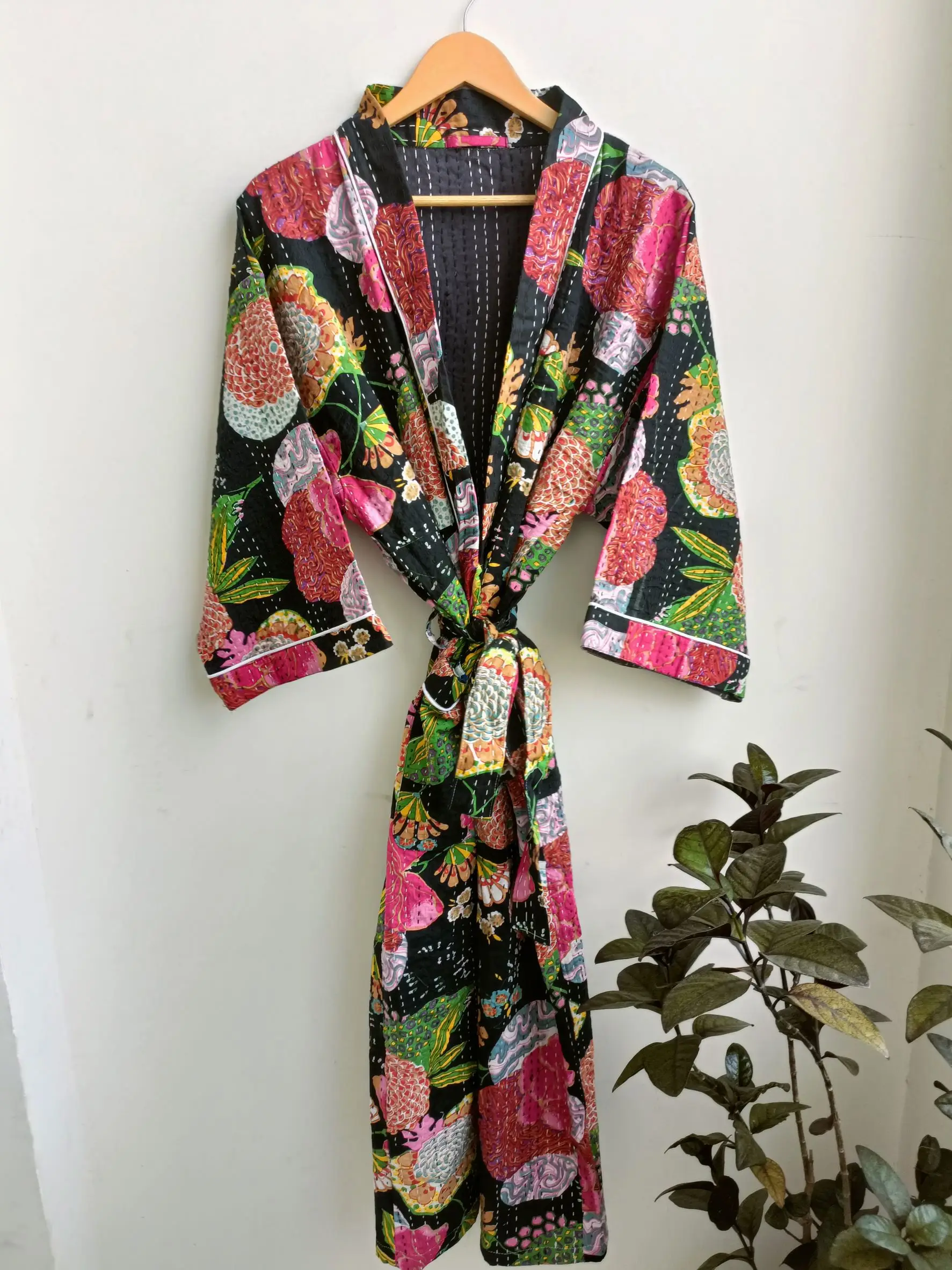 Лучшее качество 100% хлопок черный цветочный принт Kantha одеяло кимоно халат одежда для сна ночная рубашка женщин и мужчин