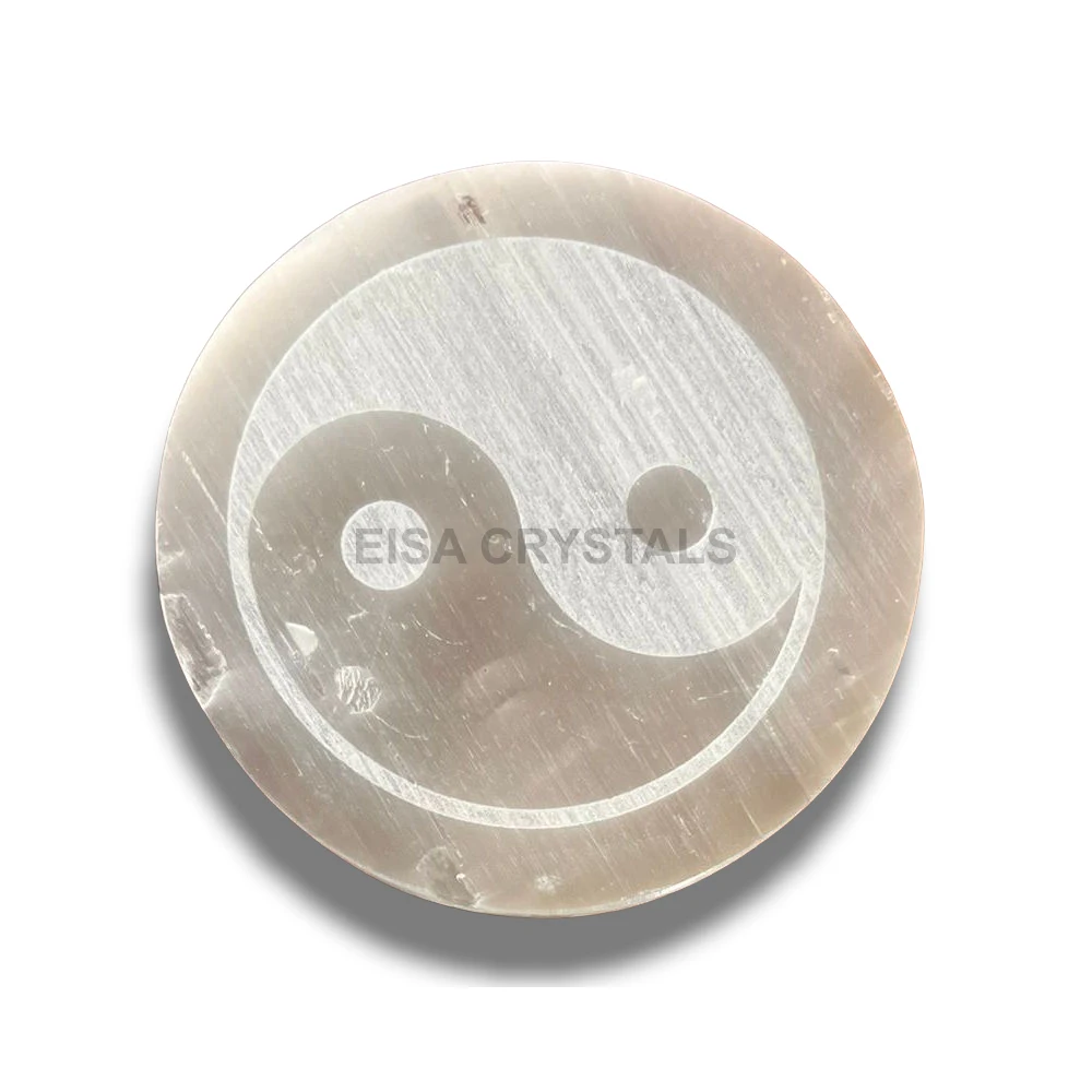 Wholesale Carved Natural Selenite Crystal Charging Plate India Sacred Geometry Energy Power Grid Pendulum Pattern Agate Type