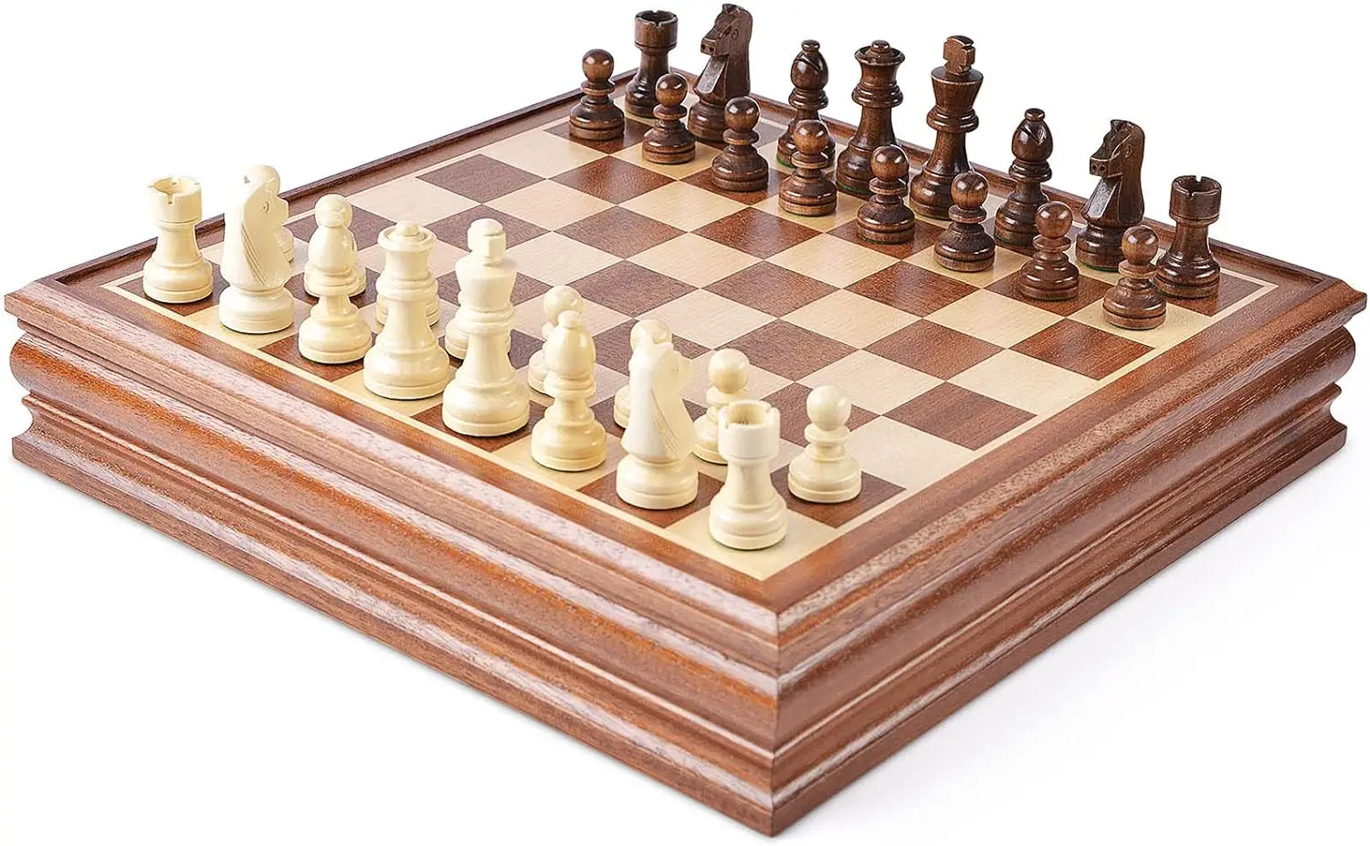 Chess and Checkers Board Game Sets for Adults Wooden Deluxe 15 inch Wood Board Box with Storage Classic 2 in 1with Chess Pieces