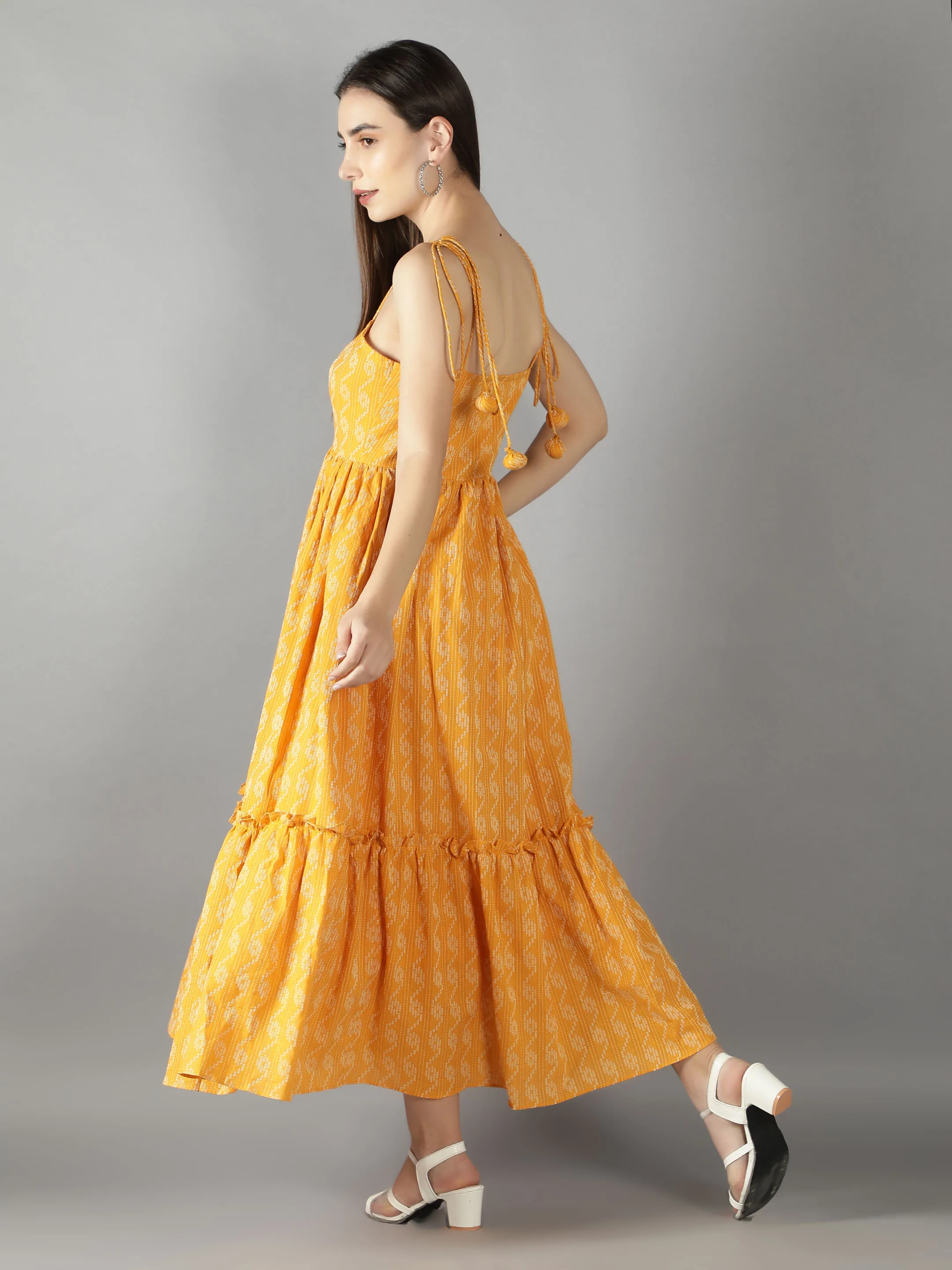 Signal Yellow Shoulder Tie Up Flared Dress In Cotton Kantha western look girl dress amazing quality one piece new fashion dress