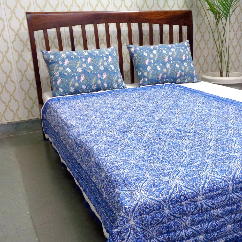 Cotton Quilted Bedspread 100% Pure Cotton Filling Traditional Woodblock Style Hand Block Printed Cotton Twin Size Quilt