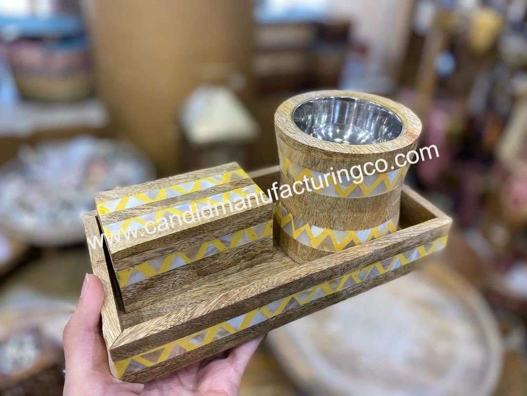 Best Price Bakhoor Burner Set of 3pcs Handmade Wood Tray Box with Mother Pearl Resin Tea Scent Perfect Gift India Manufacturer