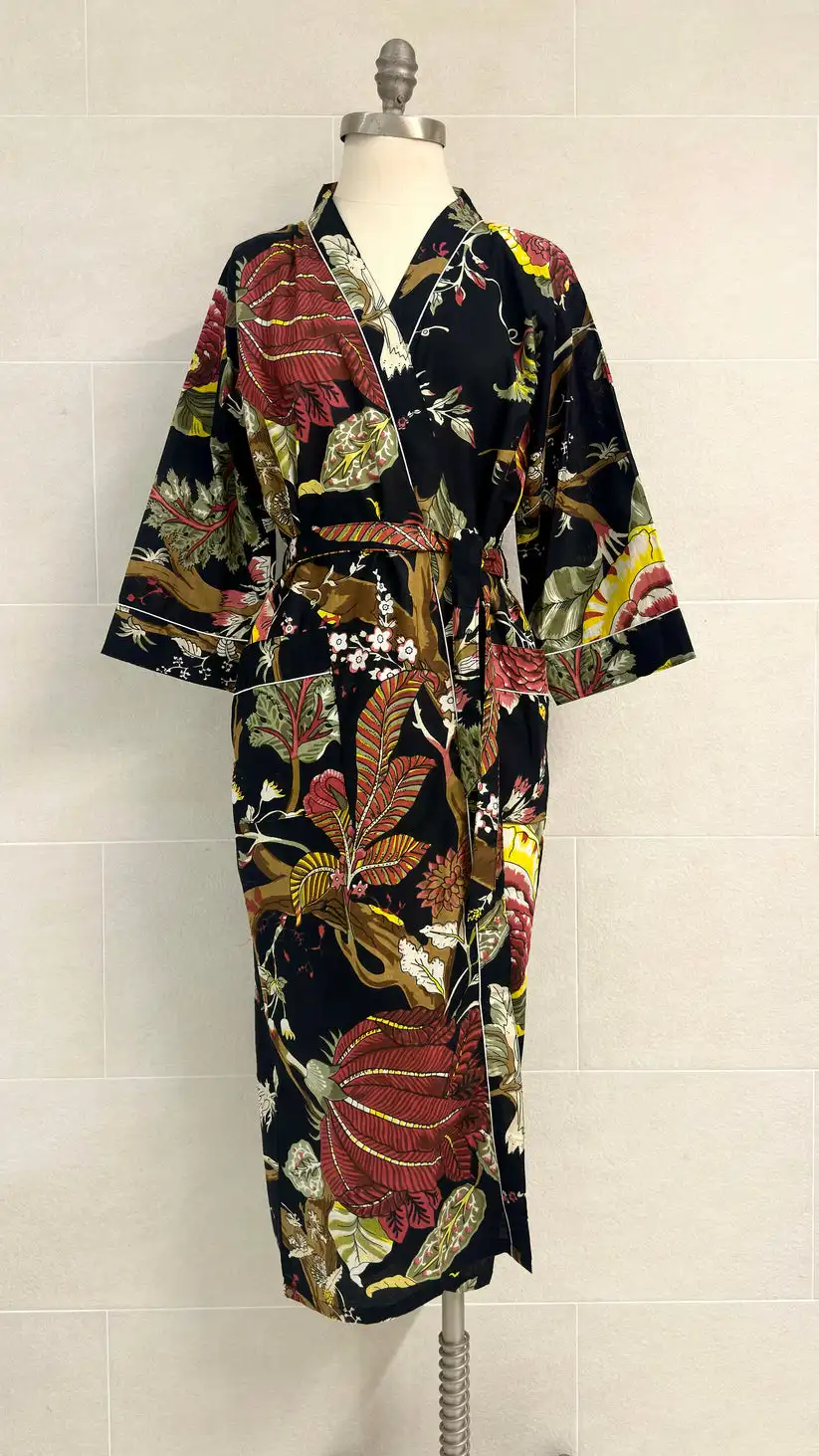 Hot Selling Good Quality Silk Material Long Length Floral Pattern Design Kimono Robe with Belt and Sleeves for Women & Girls