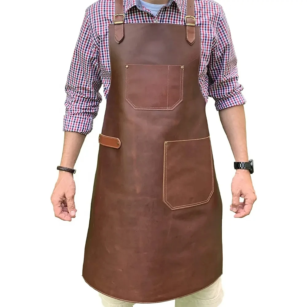 Genuine Leather Apron Grill BBQ Woodworking Barber Welder Apron Cross Back Apron with Pockets by Contribute Industry