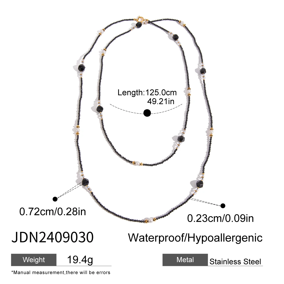 J&D 18k Gold Stainless Steel Crystal Onyx Pearl Beaded Necklace Long Strand 125cm Black Crystal and Faux Pearl Design