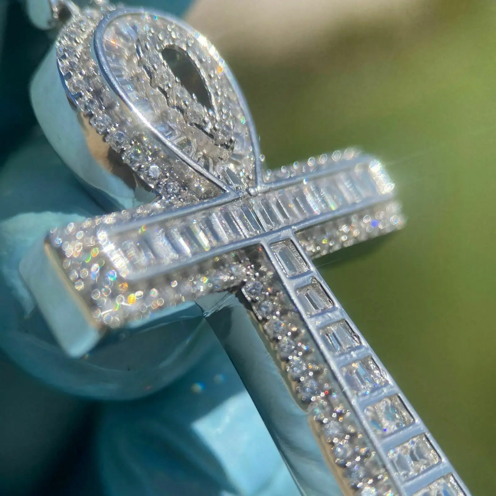 925 Silver Round and Baguette Cut VVS1 Moissanite Diamond Egyptian Ankh Cross Charm Pendant