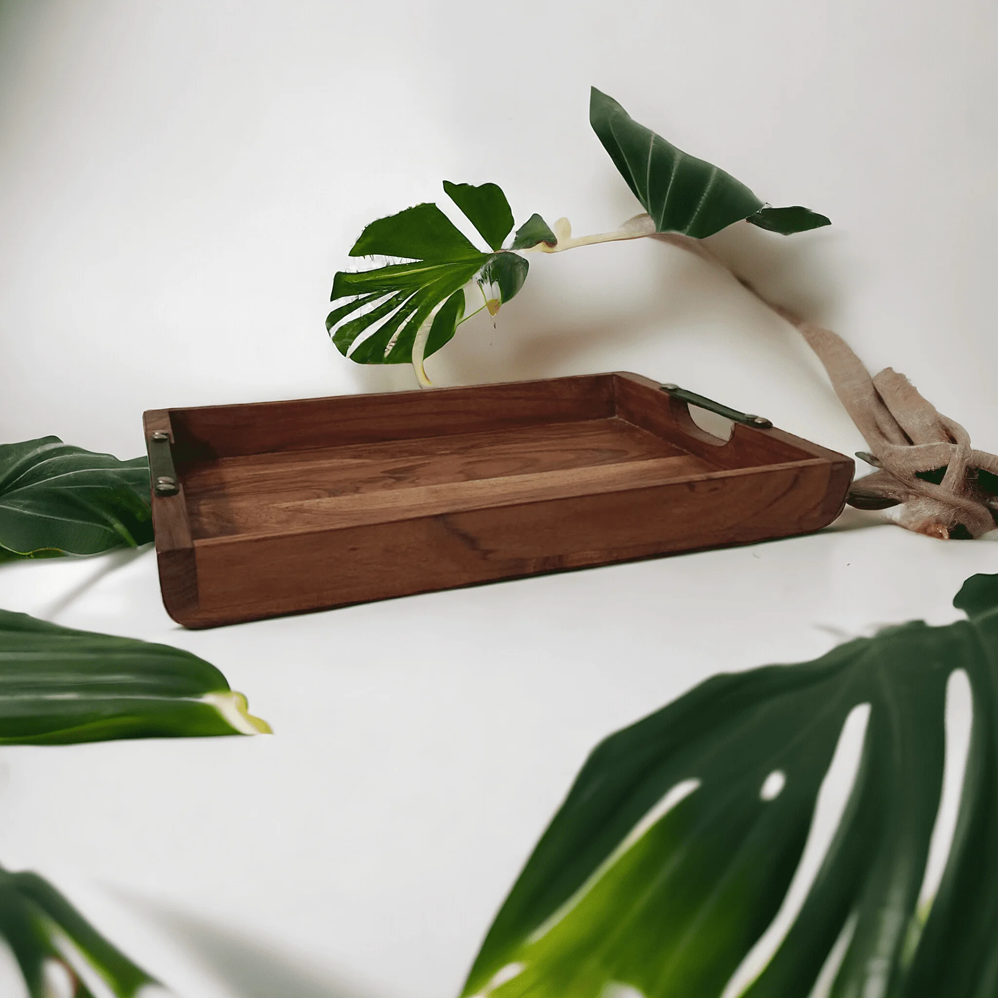 Mineral Oil Stained Acacia wood Serving Tray with Leather handles Hand-Crafted by Indian Artisan for Holiday Christmas & wedding