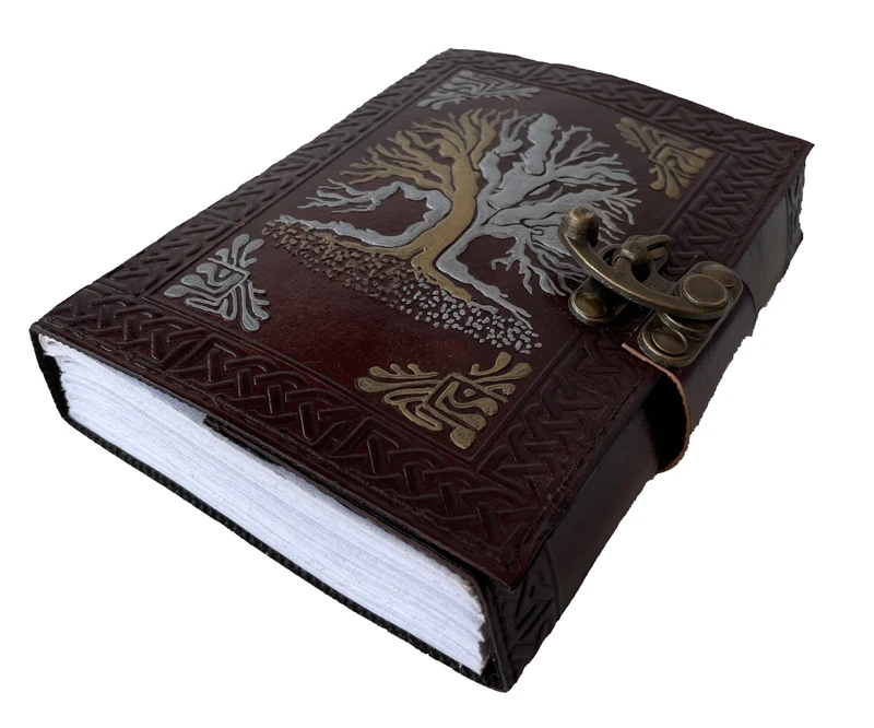tree of life leather journal with golden Silver Leather Custom Notebooks Hardcover Brown cover Plain book Gift book of shadows