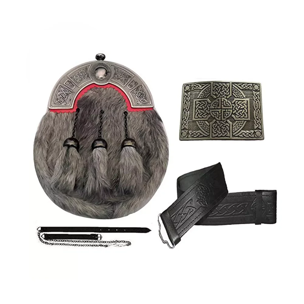 Scottish Full Dress Kilt Sporran Rabbit Fur Cantle Set Of 5 Buckle,Brooch top Hot sale