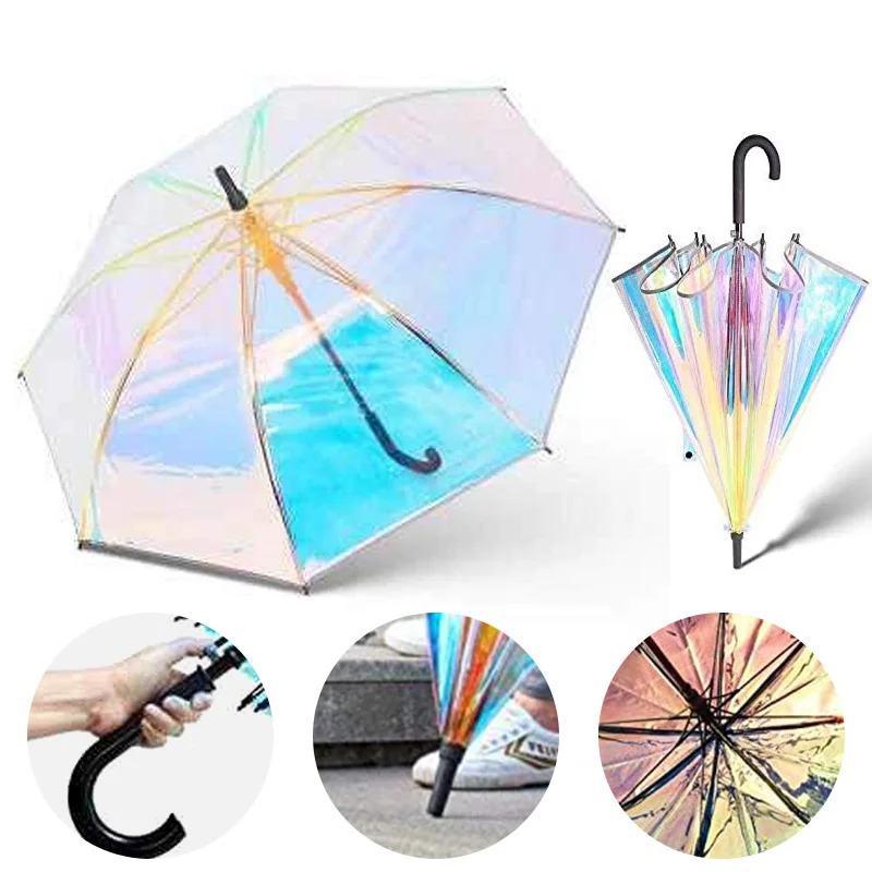 high quality guarda chuva umbrella supplier PVC Holographic Fashion Rain Long Handle Transparent Sunshade Umbrellas for the rain