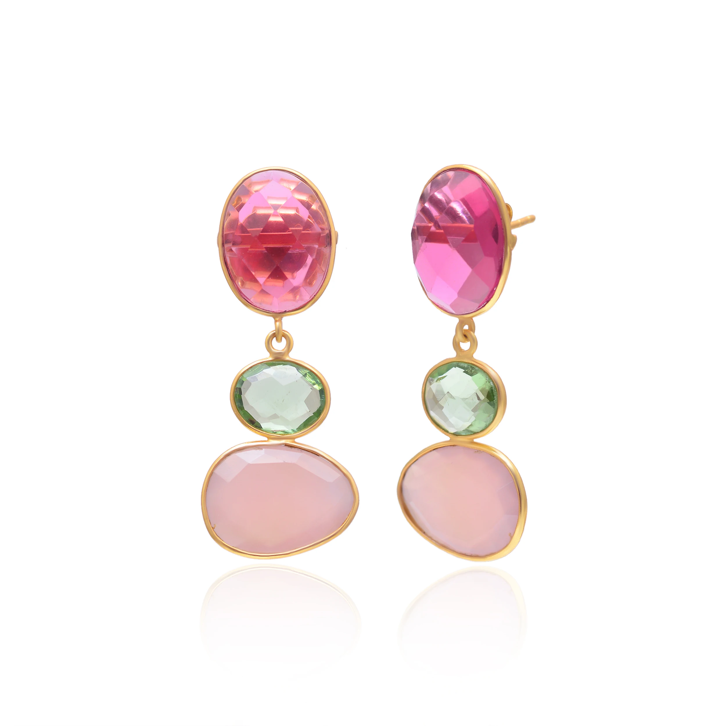 Newest Selling Jewelry Natural Pink Tourmaline & Chalcedony Green Amethyst Gemstone 925 Sterling Silver Gold Plated Drop Earring