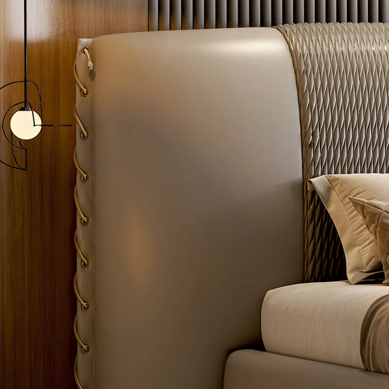 Light Luxury Genuine Leather Double King Bed with Modular Headboard Simple Modern Master Bedroom Villa Furniture Set