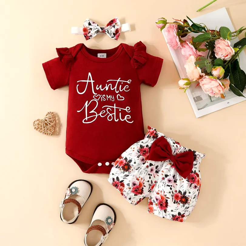 Baby Short Sleeve Triangle Romper Shorts Set Baby Girl Letter Summer Top Belt Flower Cute Pants
