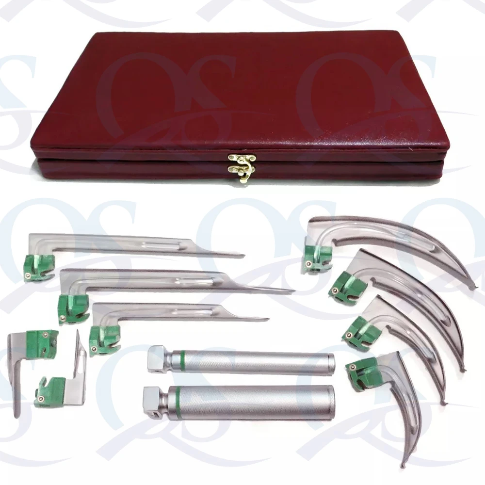 Fiberoptic Laryngoscope 9 Blades Mac Miller + 2 Handle Standard Pinlight + Box