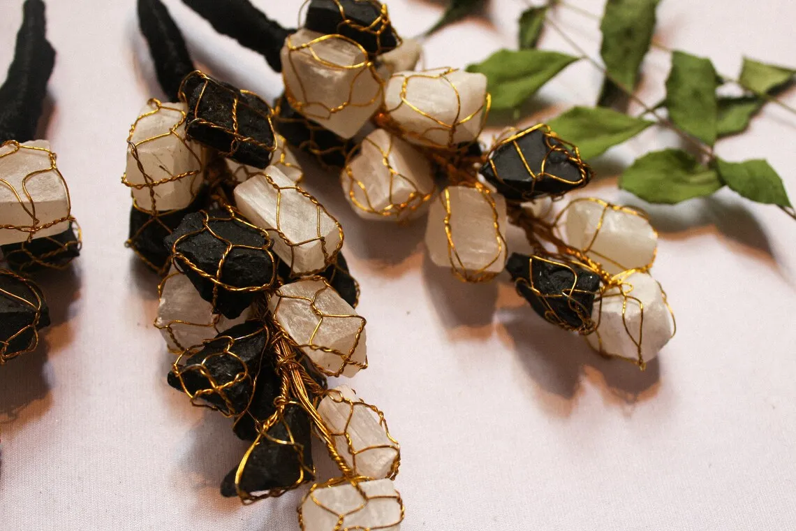 Natural Genuine Black Tourmaline and Selenite Vaastu Door Hanging for Reiki healing or Vaastu or Money attraction