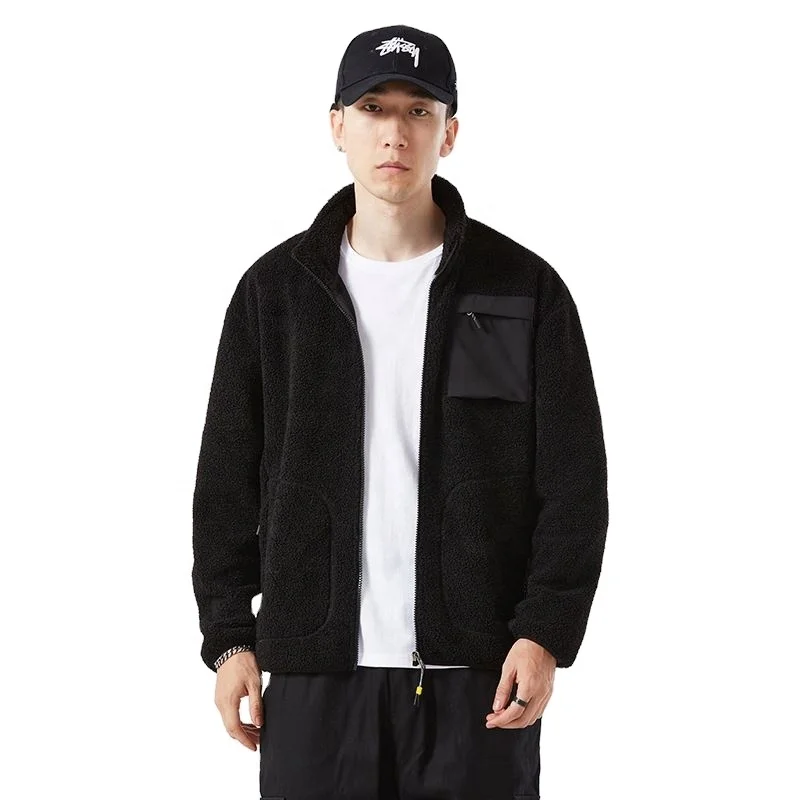 2022 Latest Design Mens Stand Neck custom logo Full Zip Up Fleece Polar Sherpa Jacket With Zipper Pockets