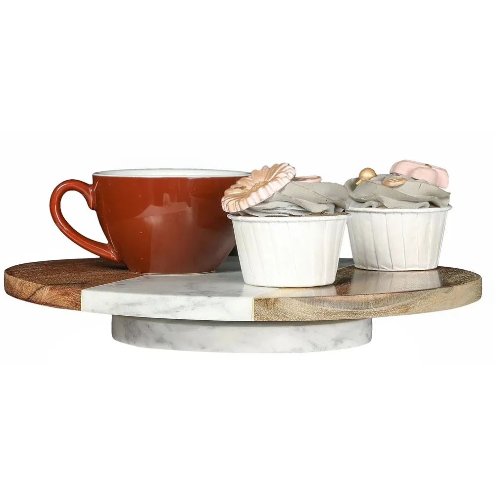 Wood Lazy Susan  Round Tabletop Lazy Susan Turntable with White Marble Base is Perfect for Serving Food Storing Spices