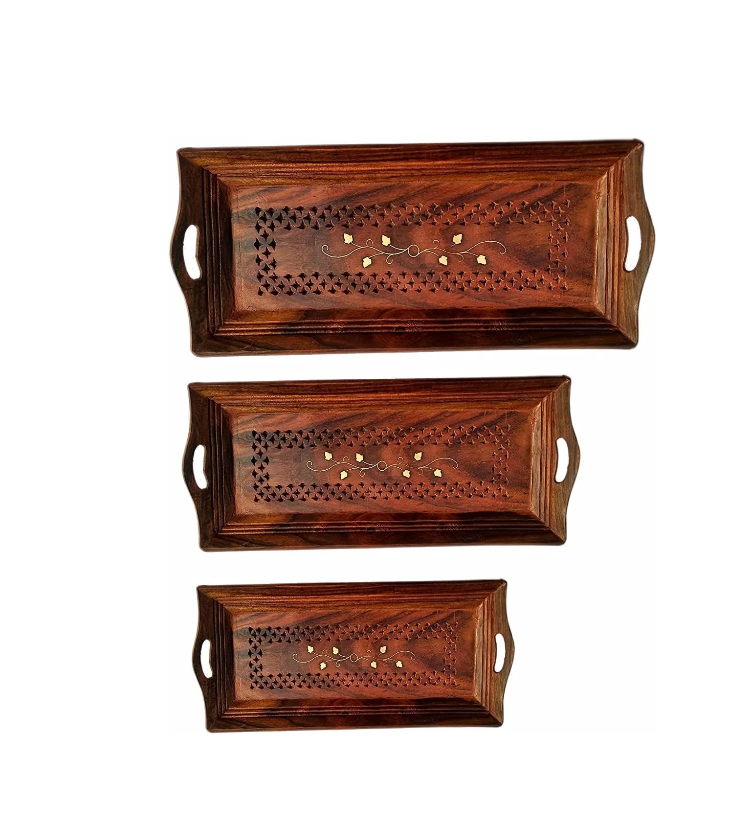 Wooden Serving Tray Multipurpose with Brass Work, Serving Platters for Party, Food and Tea Wooden Decorative Trays for Coffee