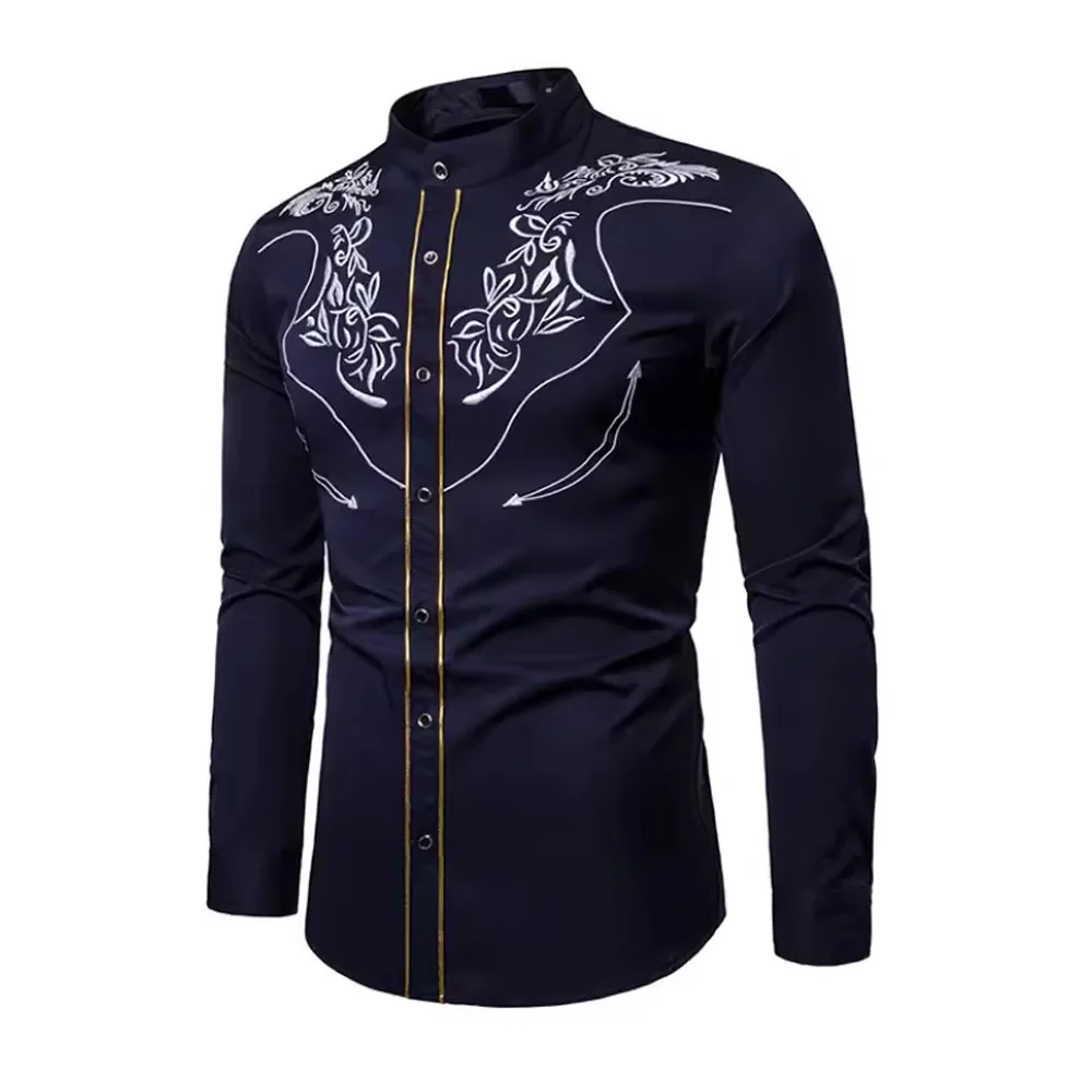 New Autumn Men Long Sleeves Shirt Solid Color Mandarin Collar Slim Fit Shirt Street Wear Men Mandarin Collar Best Quality