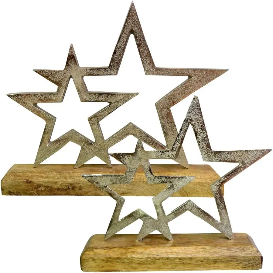 High Quality Unique Design Aluminum 2 Star Sculpture on a Wooden Base Luxury For Home Living Room Tabletop Abstract Figurines