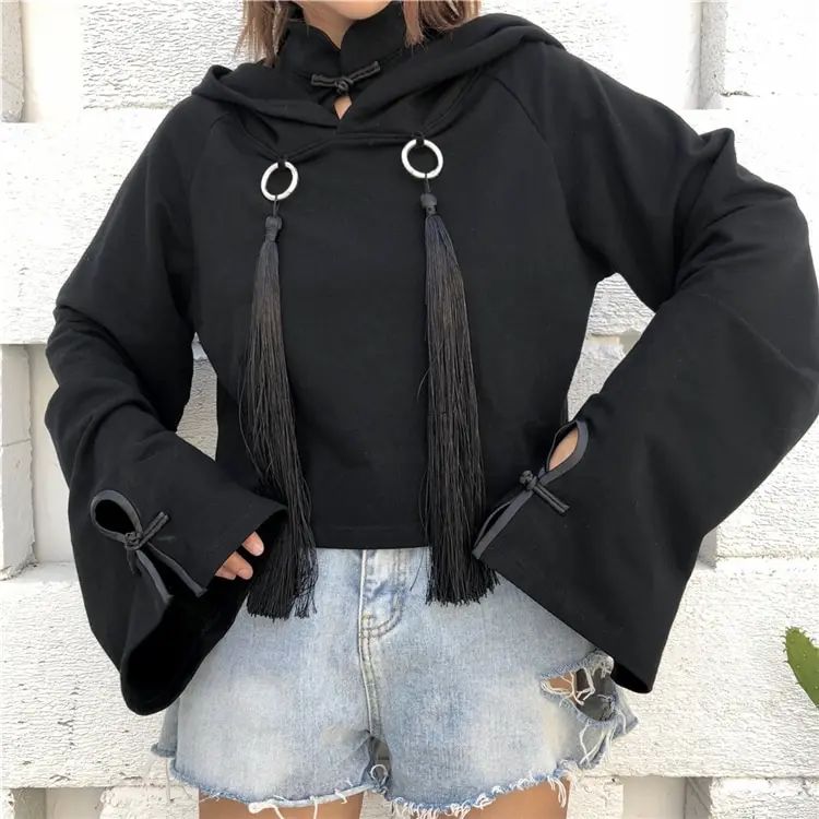 Women Fashion Long Sleeve Black Crop Top Gothic Short Hoodies Sexy Women Pullover Jumper Sweatshirt Girl Gothic Cropped Hoodie