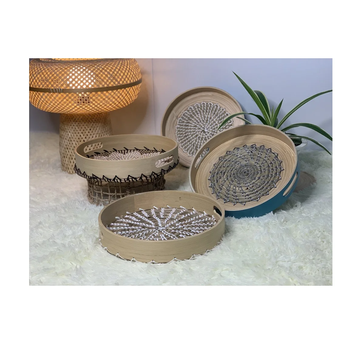 Bamboo Serving Tray Round Shape Price Competitive Export Handmade Type Decorative Use Lacquer Serving Tray Made In Vietnam