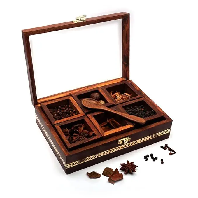 Premium Spice Box with 6 Containers & Spoon in Wood Decorated with Brass lock and brass strip Wooden Spice Box Set for Kitchen