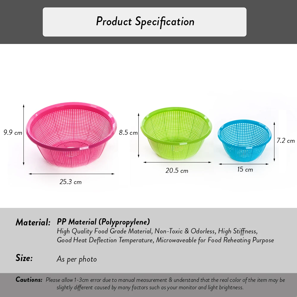 Elianware Multi-Functional Plastic Fruit Basket Kitchen Colander Strainer 6 inch, 8 inch, 10 inch Sink Strainer