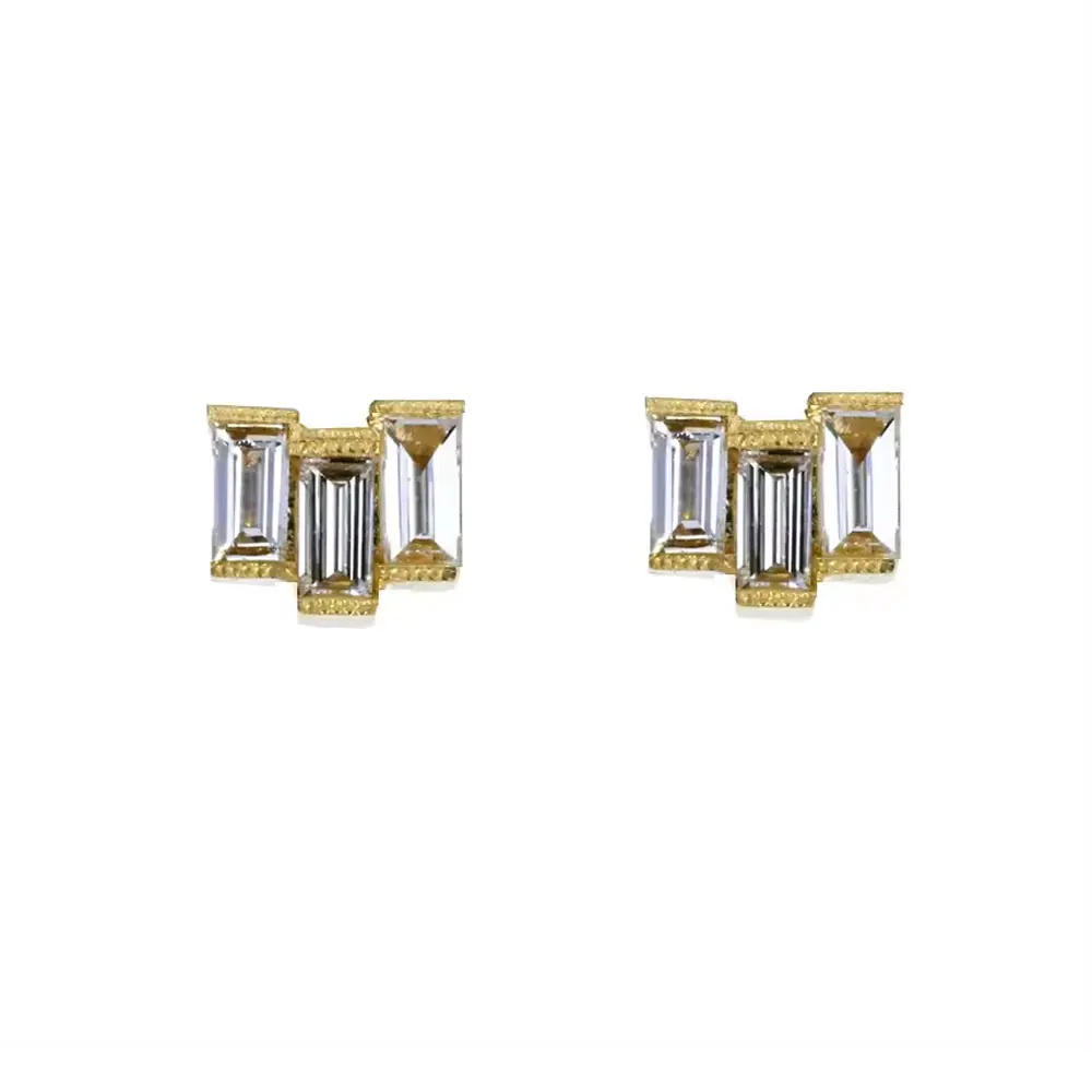 Solid 14K Yellow Gold Three Baguette Diamonds Studs Earrings Minimalist Jewelry Manufacturer From India