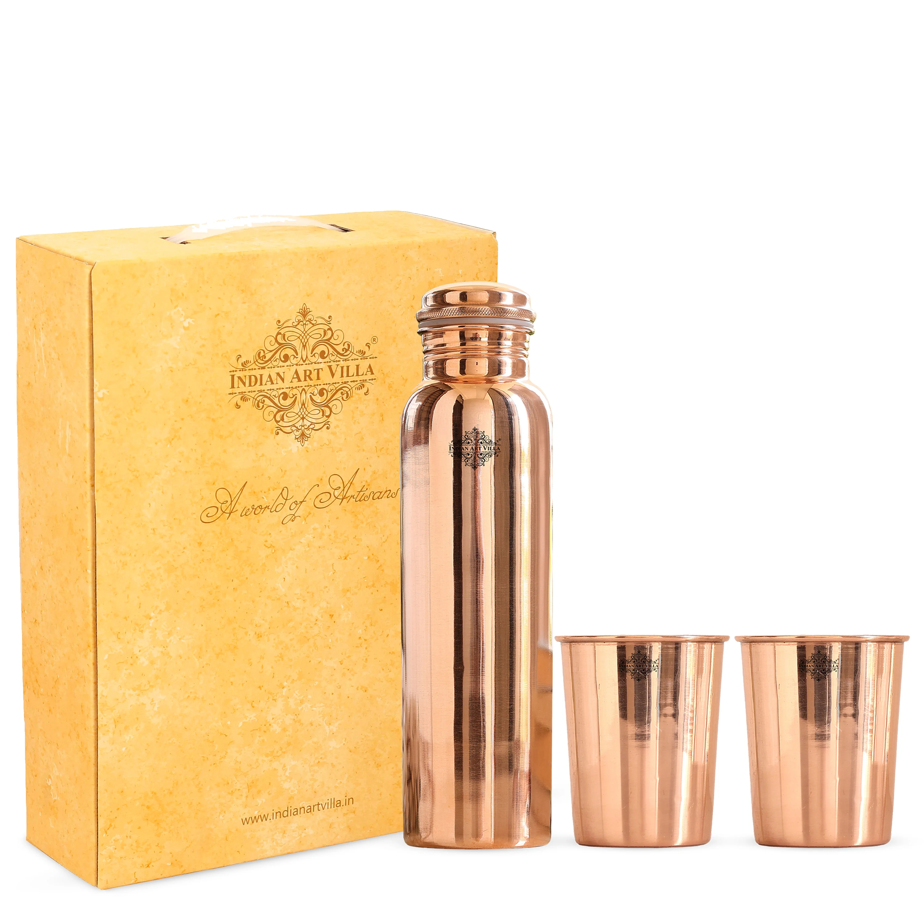 Indian Art Villa Pure Copper Drinkware Gift Set of Plain Shine Finish Design 1 Bottle & 2 Glass With Pastel Yellow Gift Box