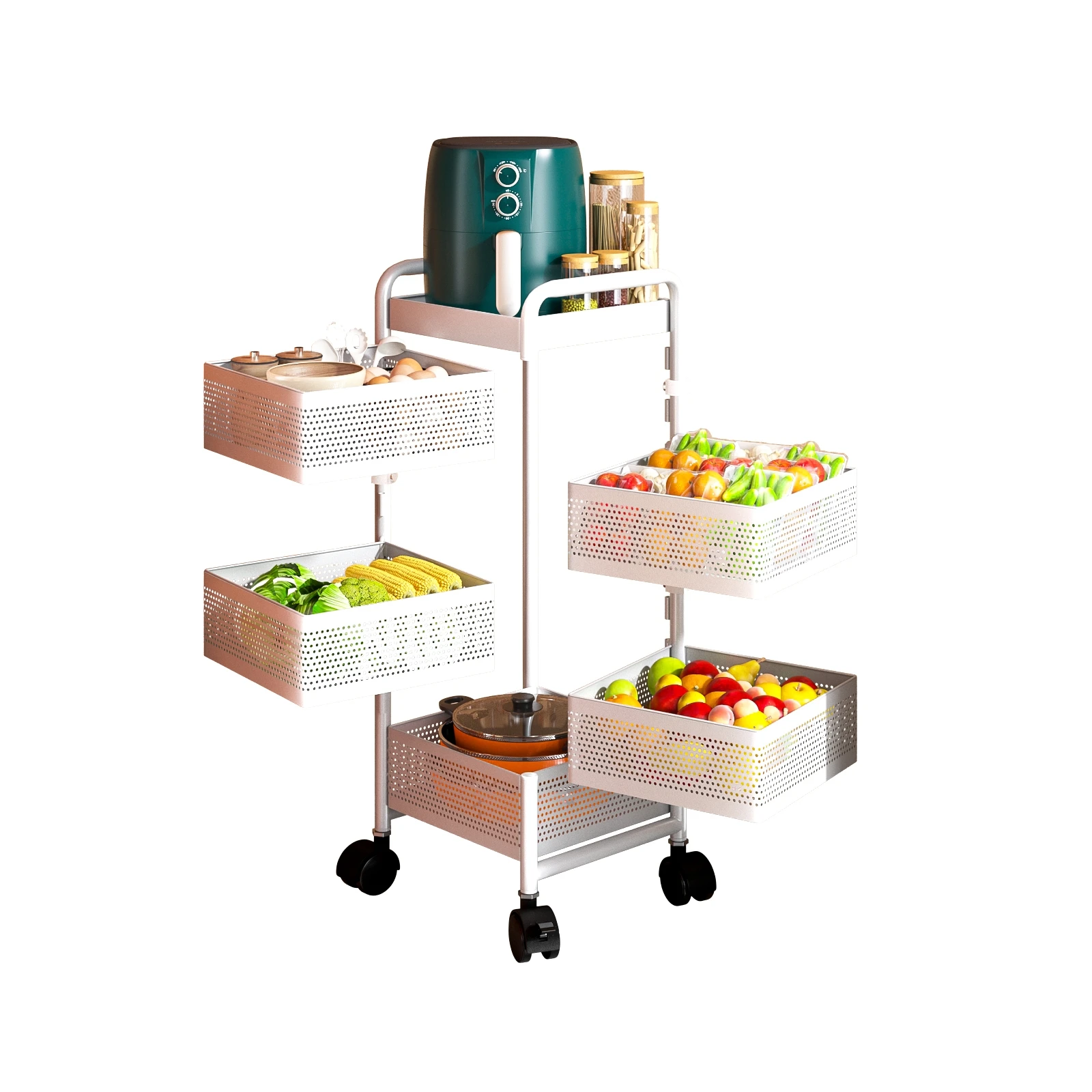 Quality Assurance Household Kitchen White Fruit And Vegetables Display Amplify Storage Rack Movable