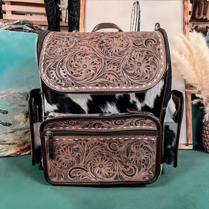 New Stylish Hot Fashion Hand Tooled Cowhide Fur Leather Backpack Stylish Carving Leather Backpack Leather Western Style Backpack