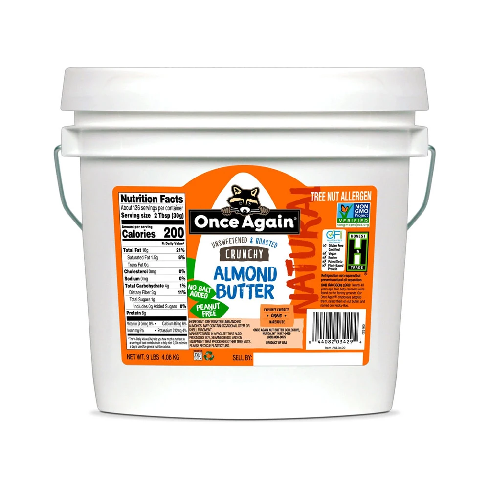 Высококачественное ведро 9 фунтов обжаренное без соли несладкое хрустящее миндальное масло глютена веганская упаковка на основе арахиса