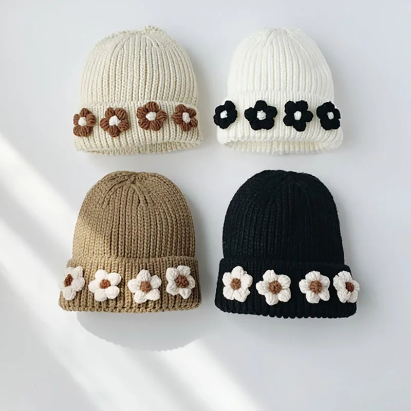 Soft Warm Embroidery Autumn Winter Beanies 3D Flower Knitted Beanie Hats Women