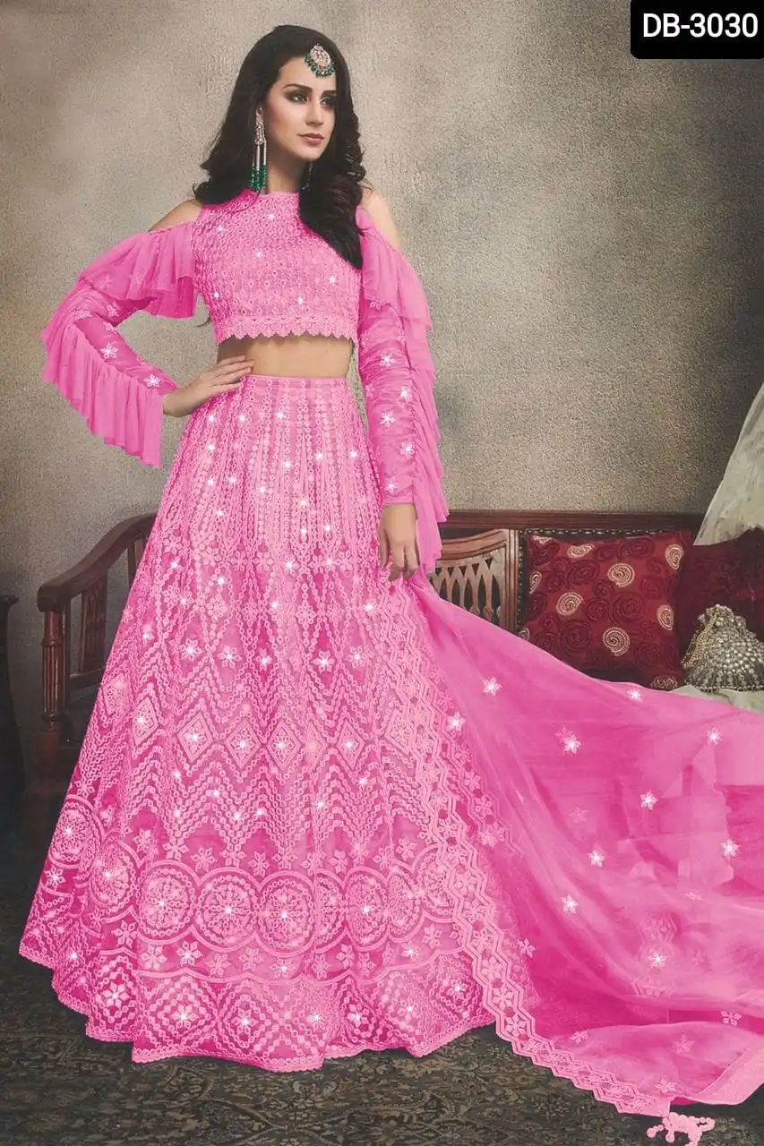 Heavy Designer Clothes Heavy Embroidery Work Net Material Lehenga Choli and Dupatta with Both Side Jalar Lace Border Lehenga