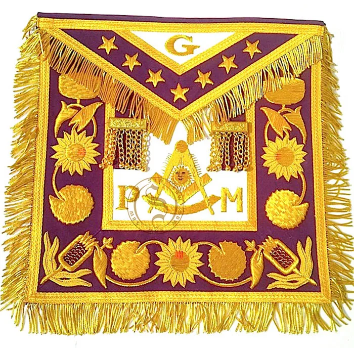 Universal Past Master 16x16 Golden Bullion Purple Velvet Masonic Apron Hand Embroidered Masonic Regalia Apron