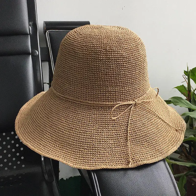 Wholesale Summer High Quality Fancy Fine Paper Straw Crocheted Beach hat folding packable Colorful Bucket Hat for Woman