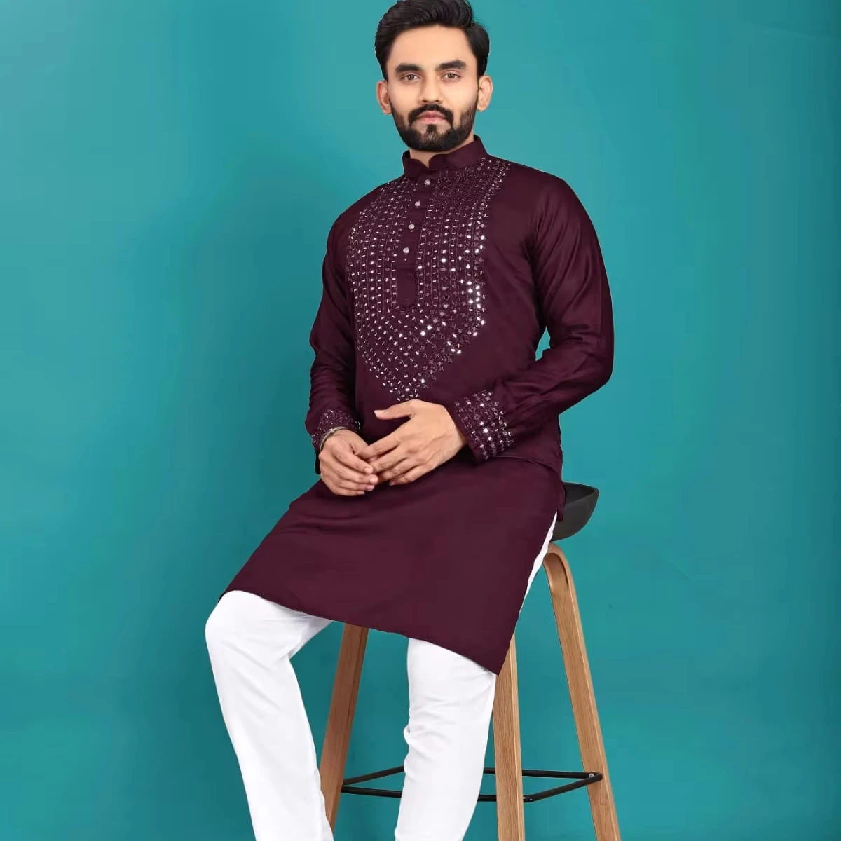 INDIAN MEN KURTA PAJAMA WITH REAL MIRROR HANDWORK DESIGN ON NECK & SLEEVE