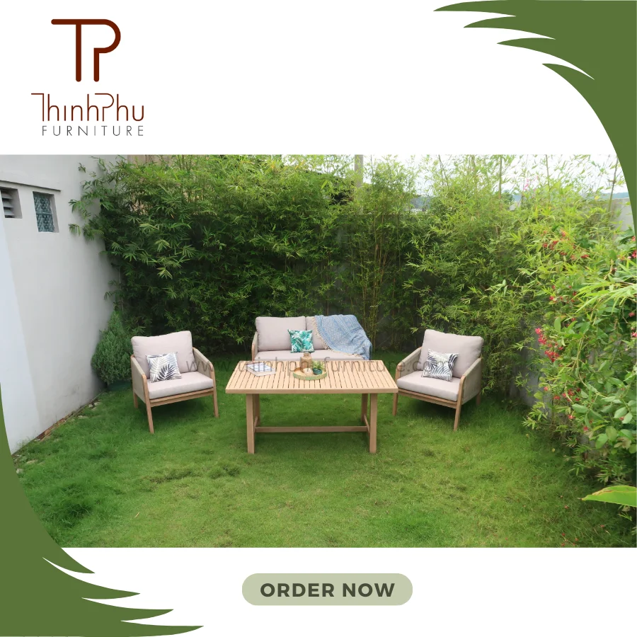 Contemporary Style Wooden Rattan Sofa Set with Table for Garden Hotel or Villa Outdoor Bench Furniture