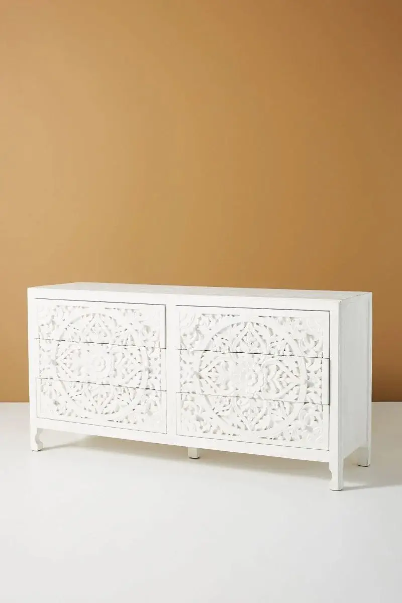 Hand Carved Lombok Six-Drawer Dresser in White Color | Handmade Wooden Dresser From Rajasthan, India