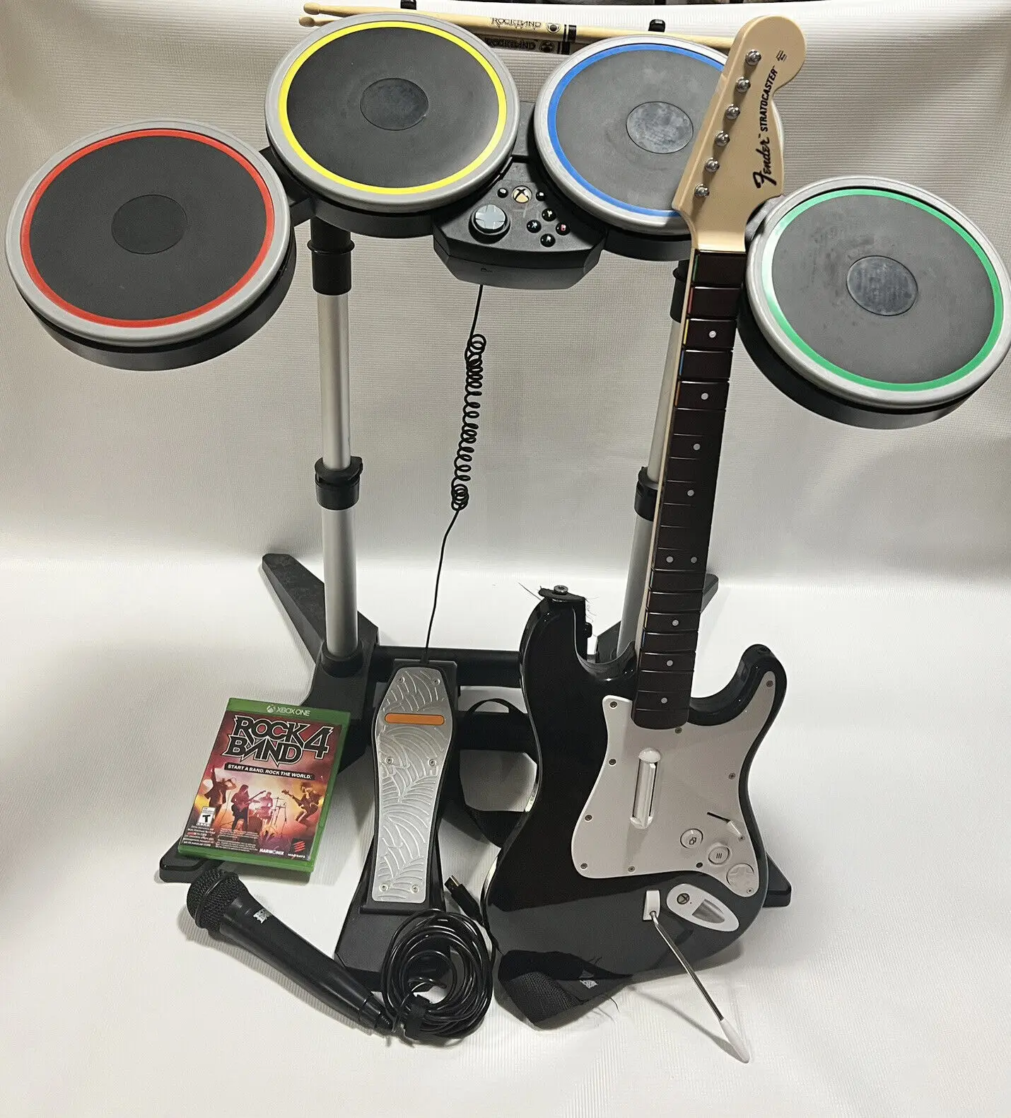 Quality Rock Band 4 Xboix One Wireless Bundle Fender Stratocaster Guitar Drums Mic Game For Sale