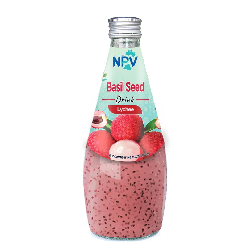 Wholesale Supplier Basil Seed Drink With Lychee Juice Free Sample 290ml Glass Bottle Basil Seed Drink High Quality