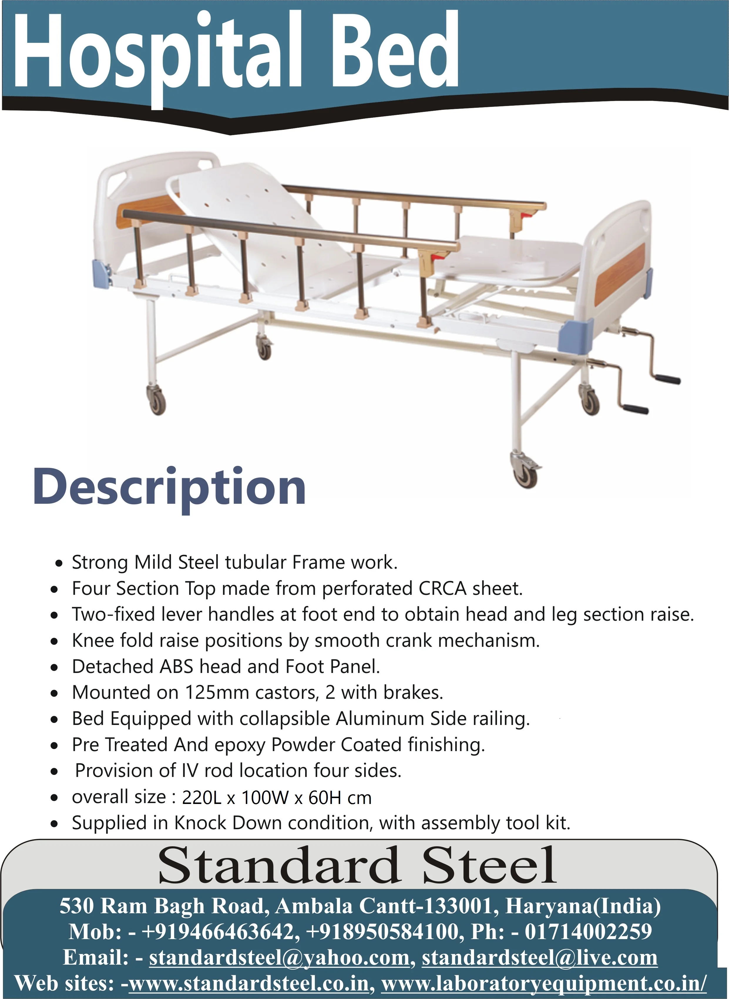 Hospital full Fowler bed double crank mechanical adjustable four section hospital bed Manufacturer