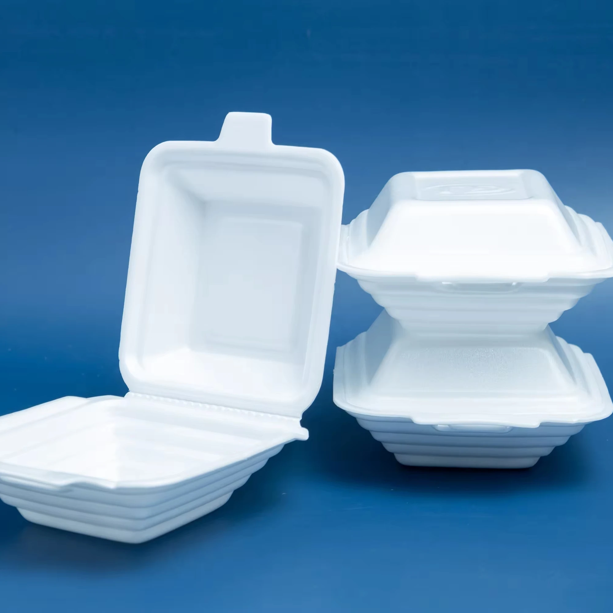 Hinged PS foam food container 8 inch 3 compartments Classic Design Lunch Box Hamburger disposable takeaway fast food factory