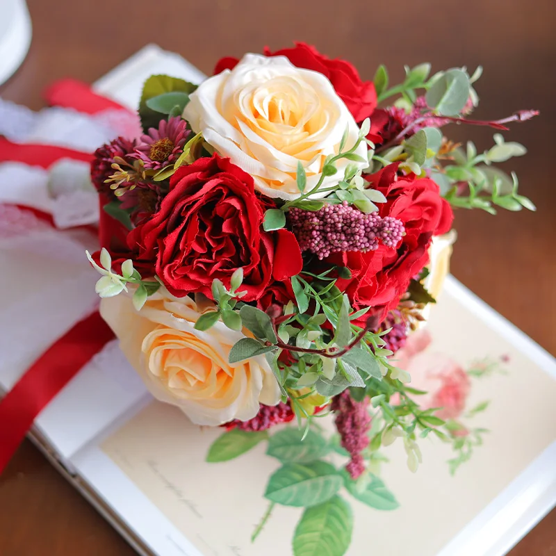 10 Inch Artificial Blooming Rose Bridesmaid Bouquet Silk Rose Tossing Bouquets for Wedding Church Ceremony Anniversary